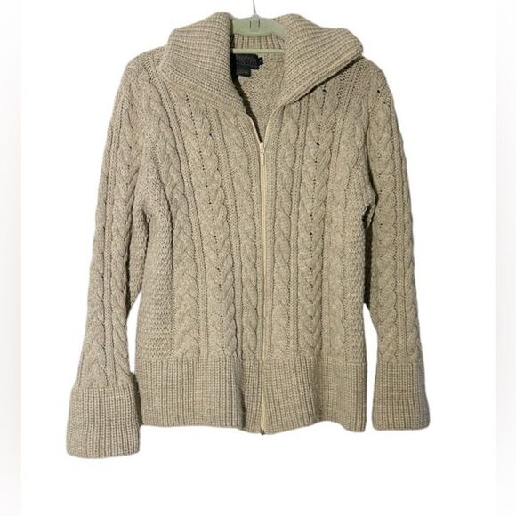 Peregrine Tan 100% Pure New Wool Cable Knit Zip Up Cardigan Sweater Size Medium - Picture 1 of 7
